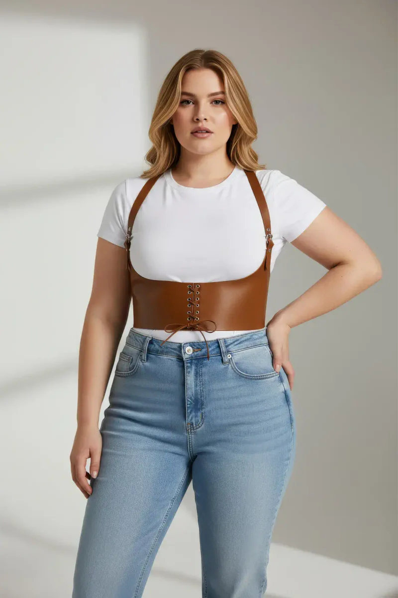 Tan Vegan Leather Underbust Harness Front