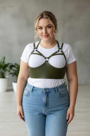 Dark Olive Faux Leather Caged Underbust Harness with Rivets