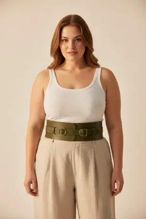 Khaki Vegan Leather Wide Waspie Waist Belt Double Buckle
