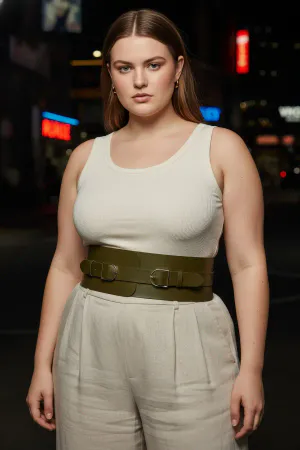 Khaki Vegan Leather Wide Waspie Waist Belt Double Buckle