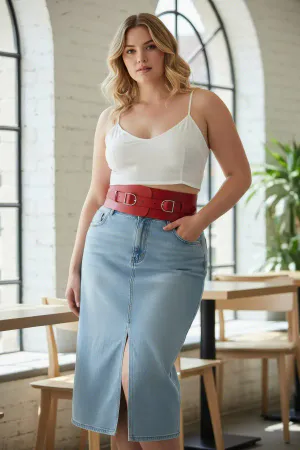 Büyük Beden Kırmızı Kadın Kemer Geniş Korse Görünümlü Çift Tokalı - APFT875