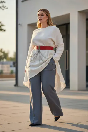 Red Faux Leather Waist Belt with Draped Silver Chains Worn Over White Tunic