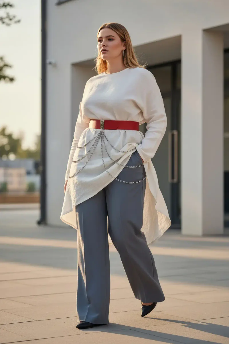 Red Faux Leather Waist Belt with Draped Silver Chains Worn Over White Tunic