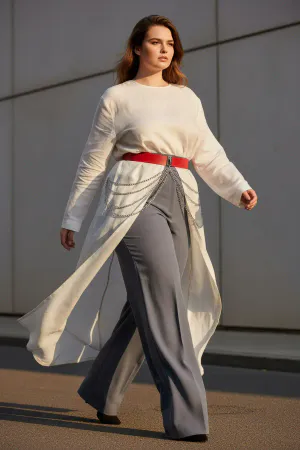 Red Faux Leather Waist Belt with Draped Silver Chains Worn Over White Tunic