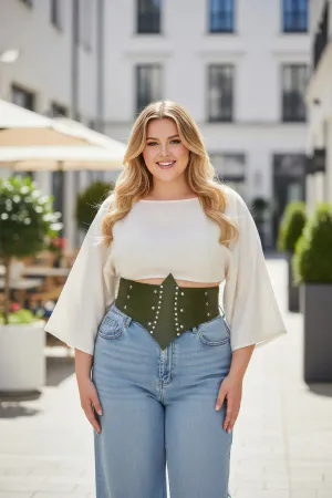 Khaki Faux Leather Waspie Waist Cincher Studded Plus Size Model