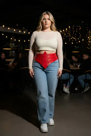 Büyük Beden Kırmızı Kadın Kemer Korse Formlu Zımba Detaylı - APFT905