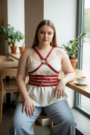 Red Faux Leather Waist and Chest Harness Set on woman over white top