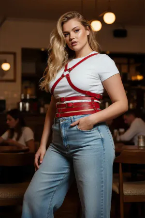 Red Faux Leather Waist and Chest Harness Set on woman over white top