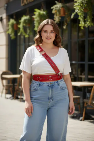 Red Vegan Leather O-Ring Waist Belt Harness Diagonal Strap Plus Size