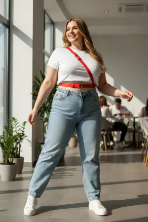Red Faux Leather Waist Chest Body Harness Plus Size Worn Street Style