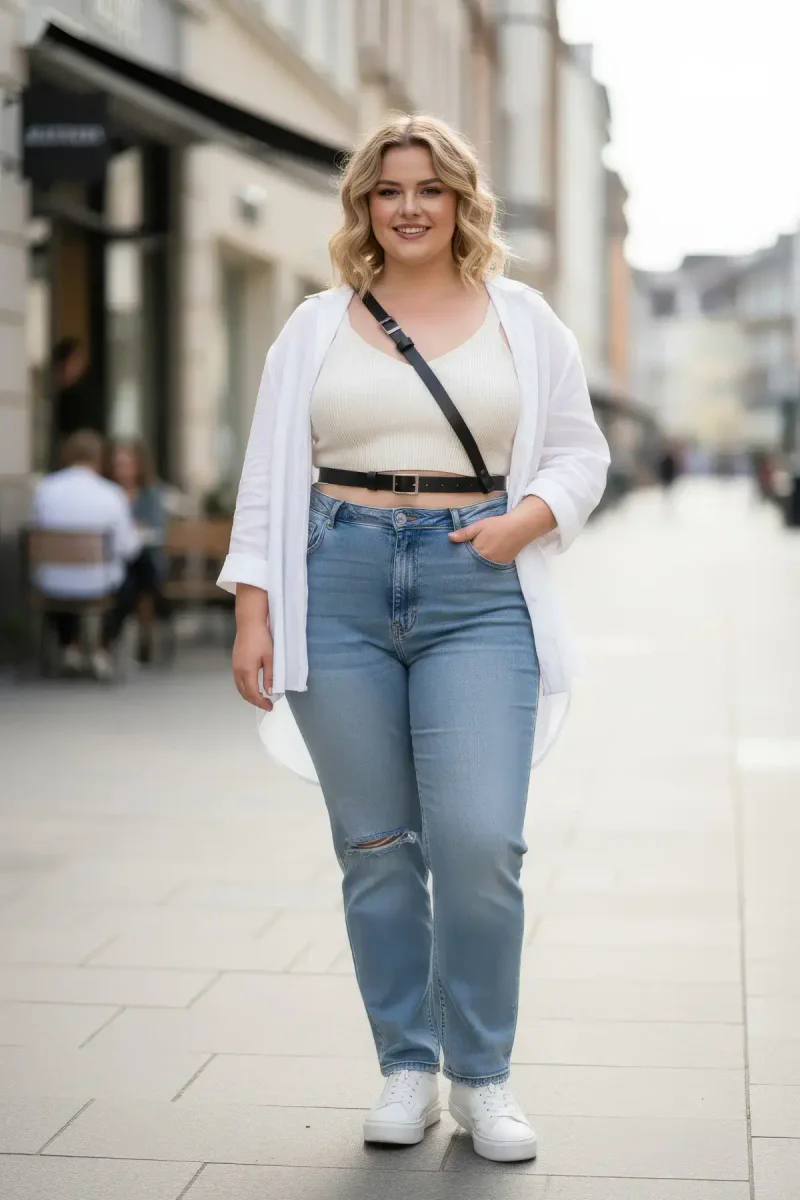 Black Faux Leather Diagonal Strap Cinch Harness over a white shirt and jeans