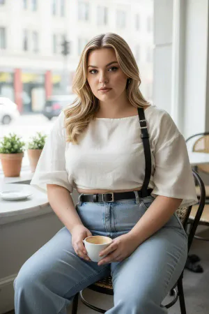 Black Faux Leather Diagonal Strap Cinch Harness over a white shirt and jeans