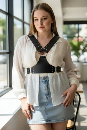 Black Studded Faux Leather Chest Harness O-Ring Adjustable Straps