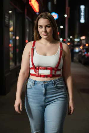 Büyük Beden Kırmızı Kadın Kemer Askılı Deri Harness Vücut Aksesuarı - APFT941