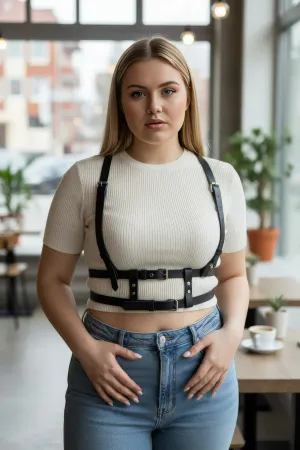 Black Faux Leather Chest Harness Women Adjustable Buckle Details