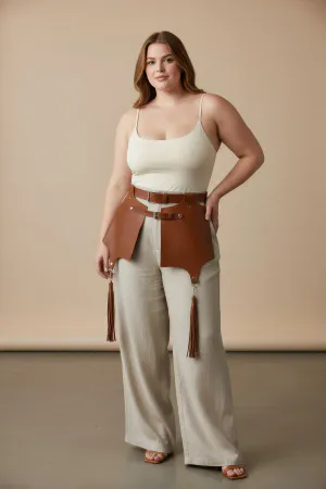 Tan Faux Leather Waist Harness Women Wide Panels Tassels Adjustable Straps