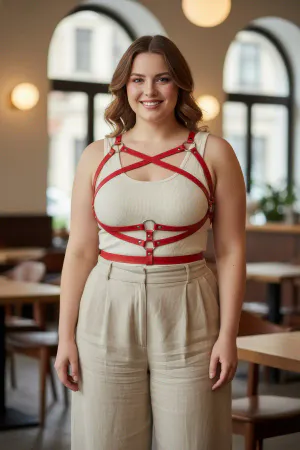 Red Faux Leather Crisscross Body Harness with O-Rings on a Woman