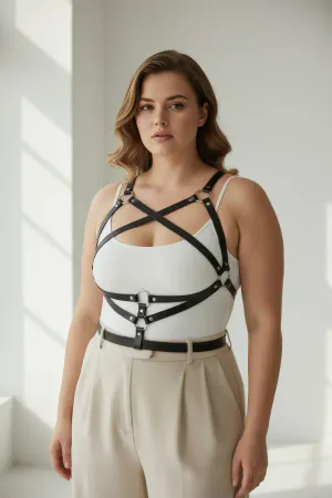 Black Faux Leather Crisscross Body Harness Women Adjustable Waist