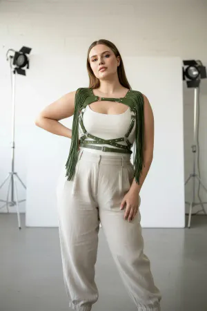 Olive Green Fringed Chest Harness Studded Vegan Leather