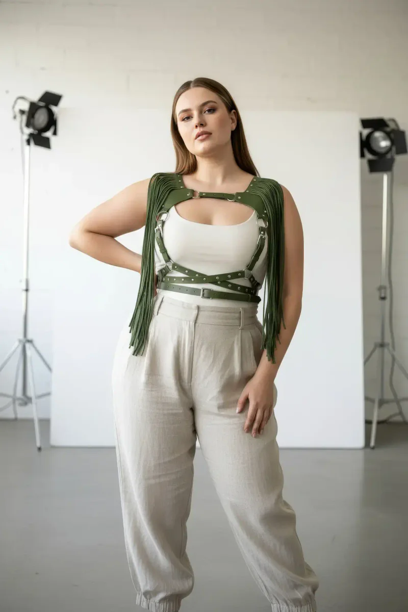 Olive Green Fringe Harness Front View