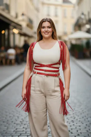 Red Fringed Faux Leather Body Harness with Caged Waist Front View