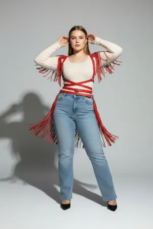 Red Fringed Faux Leather Body Harness with Caged Waist Front View