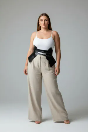 Black Faux Leather Structured Waist Cinch Harness Model Wearing