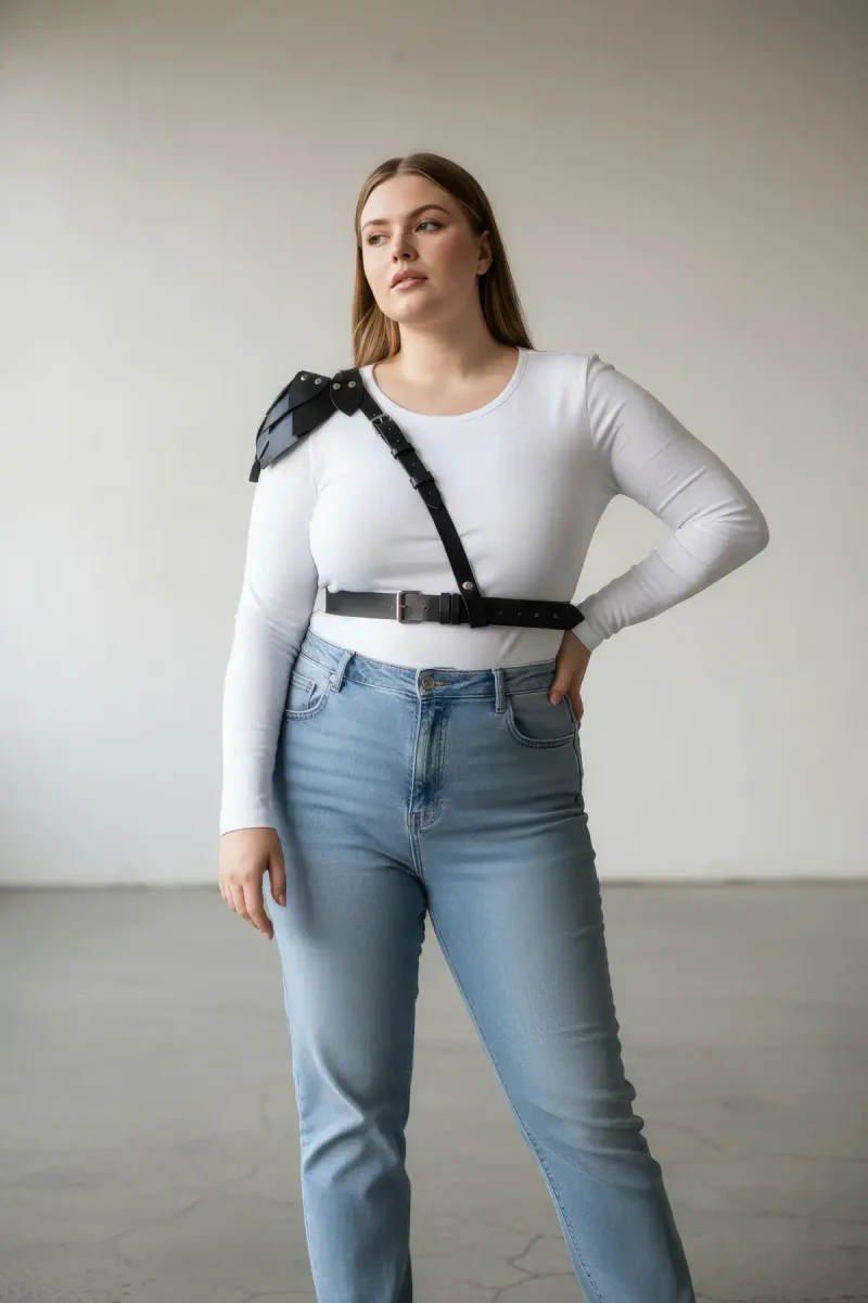 Vegan Leather Shoulder Harness Outfit Detail