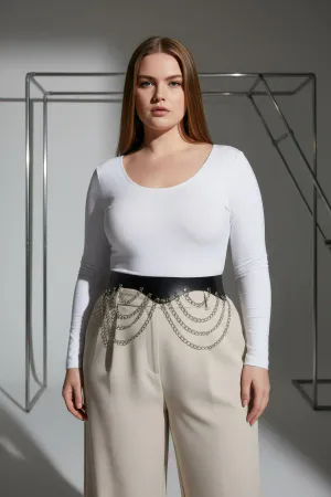 Black Faux Leather Waist Belt Draped Silver Chains Plus Size