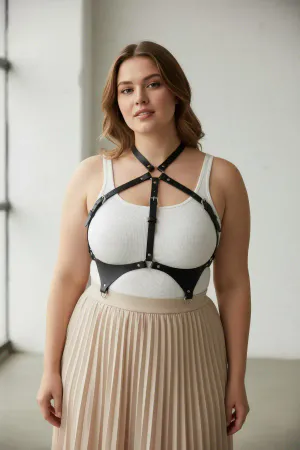 Black Faux Leather Chest Harness with O-Ring Detail on Woman