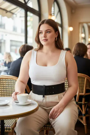 Black Faux Leather Wide Waist Belt with Silver Chain Detail, worn by a woman with a white top and light trousers