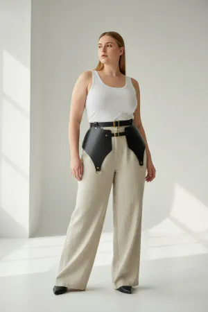 Black Faux Leather Hip Harness Double Waist Belt Women Gold Hardware