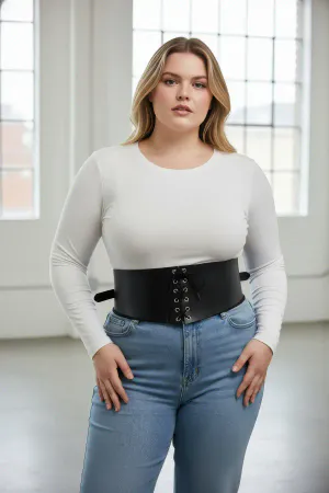 Büyük Beden Siyah Kadın Kemer Bağcıklı Korse Detaylı Elbise Kombin - APFT1127