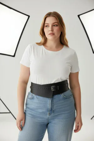 Black Faux Leather Wide Corset Waist Belt Women Adjustable Buckle