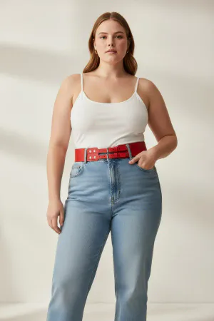 Red Faux Leather Waist Belt Double Buckle Design