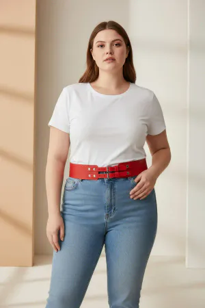 Red Faux Leather Waist Belt Double Buckle Design