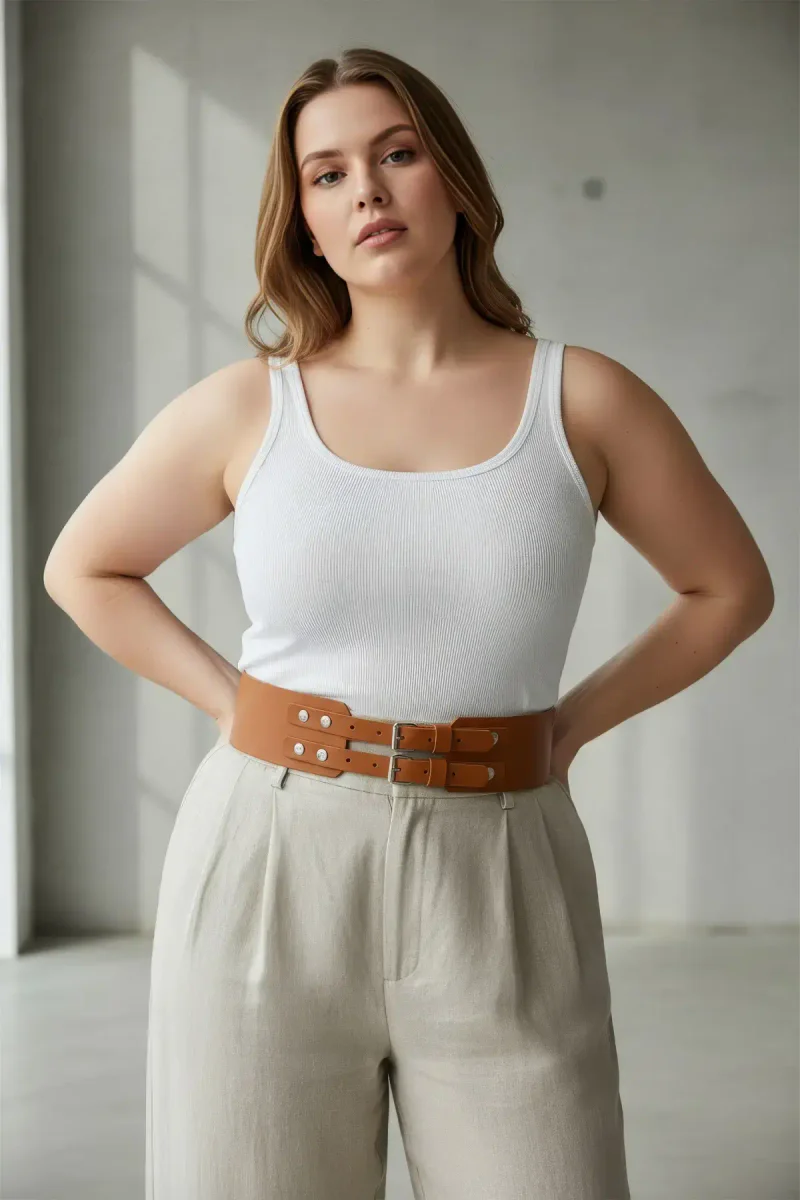 Wide Vegan Leather Belt Detail Close-