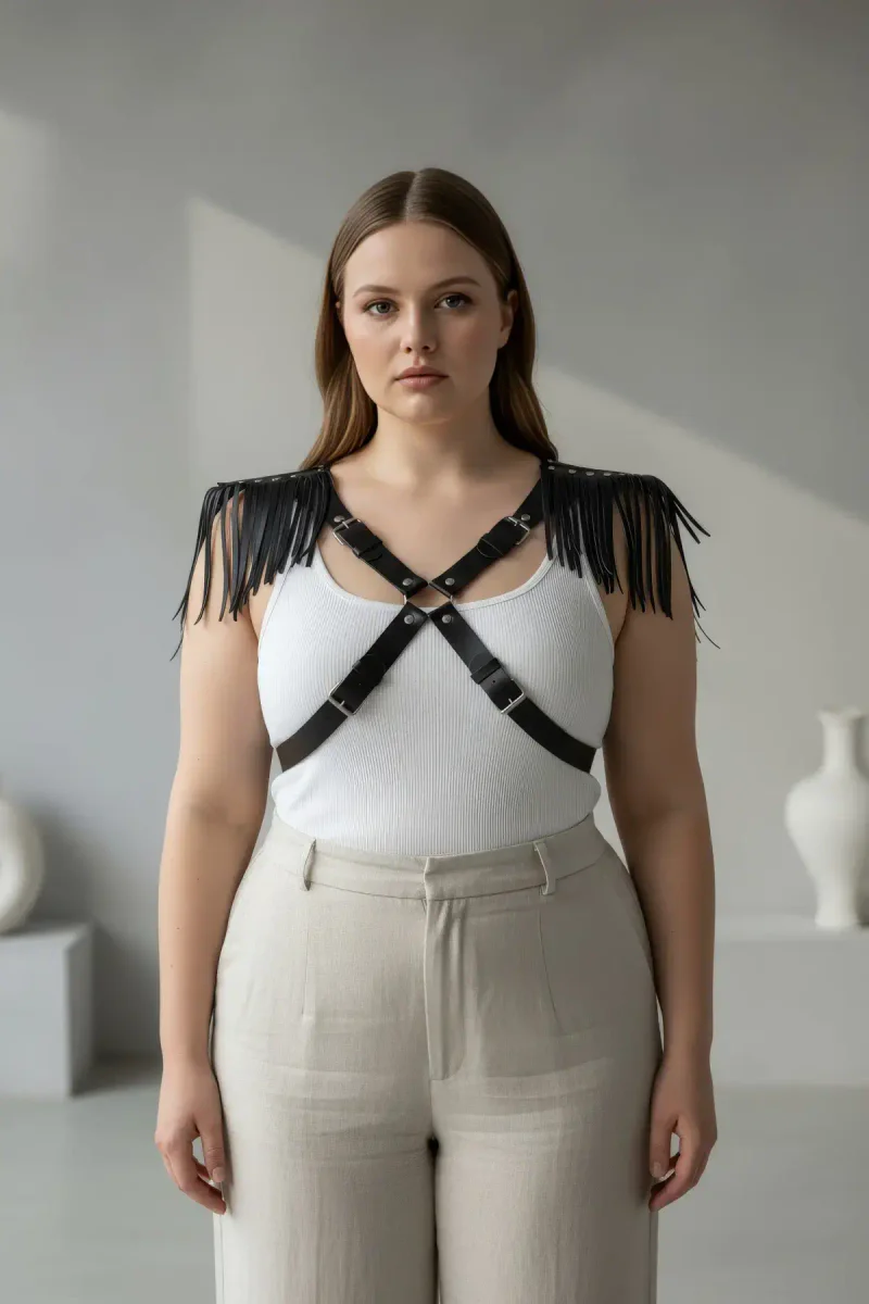 Fringed Chest Harness Black Vegan Leather