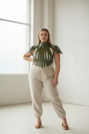 Olive Faux Leather Ribbed Cage Shrug Harness Top with Rivet Details