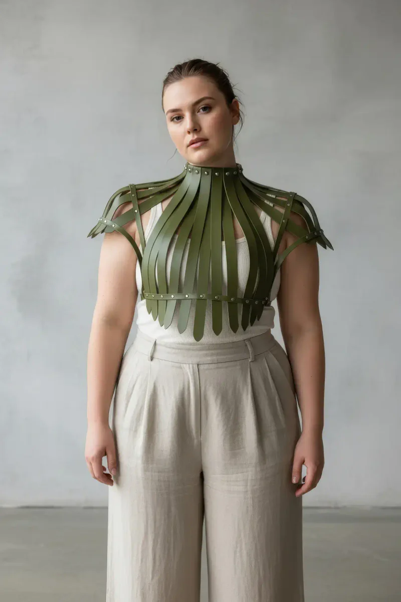 Ribbed faux leather harness shrug in olive