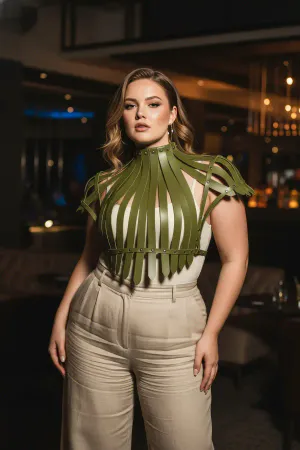 Olive Faux Leather Ribbed Cage Shrug Harness Top with Rivet Details