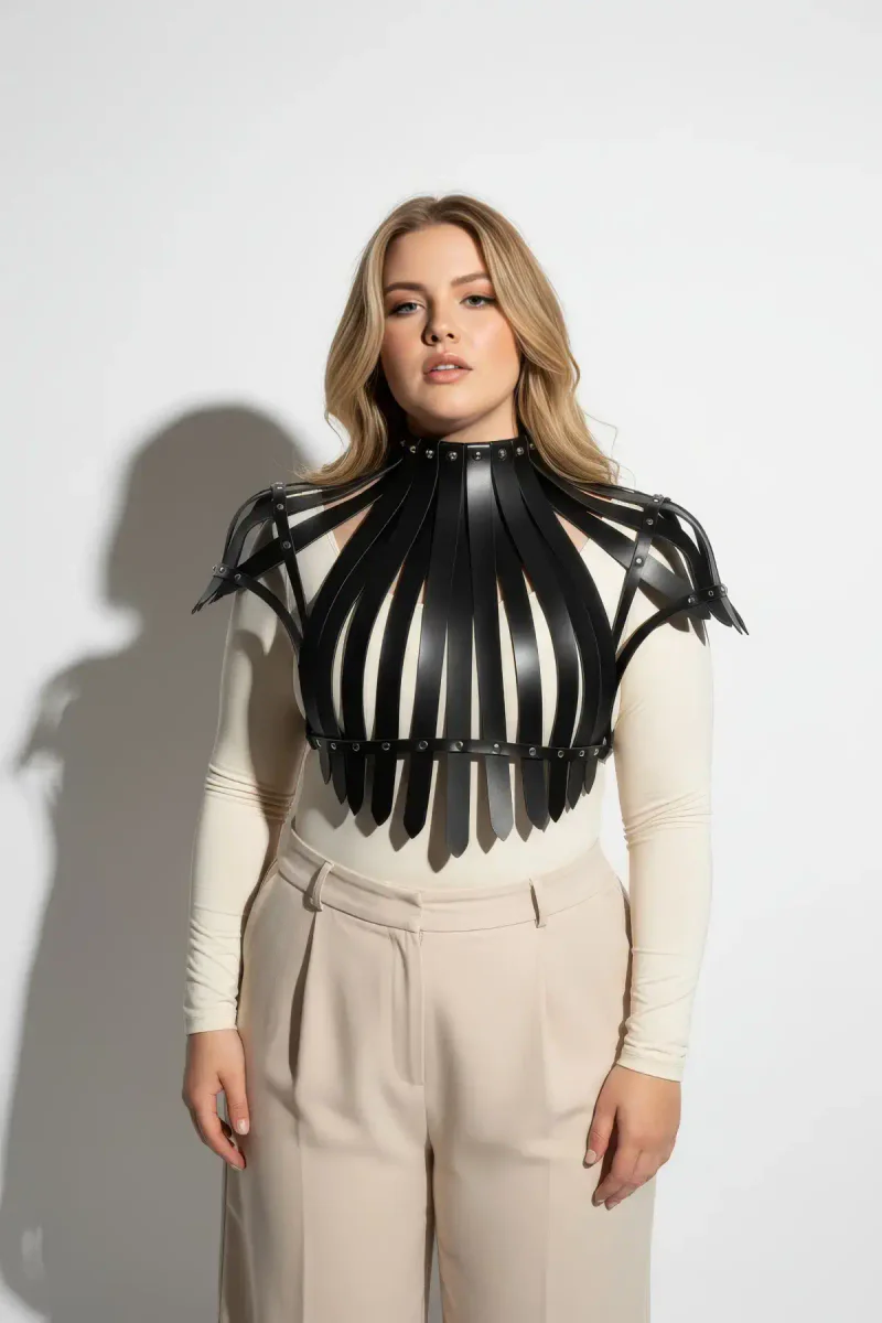 Black studded faux leather shoulder harness layered outfit