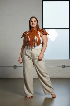 Tan Faux Leather High-Neck Harness Top with Stud Details