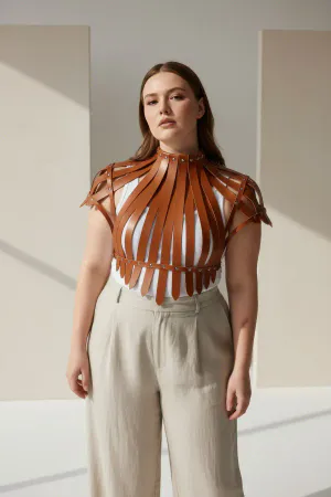 Tan Faux Leather High-Neck Harness Top with Stud Details