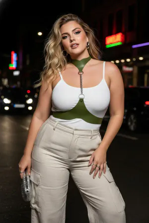 Büyük Beden Haki Kadın Kemer Deri Harness Zincir Detaylı Vücut Aksesuarı - APFT1265