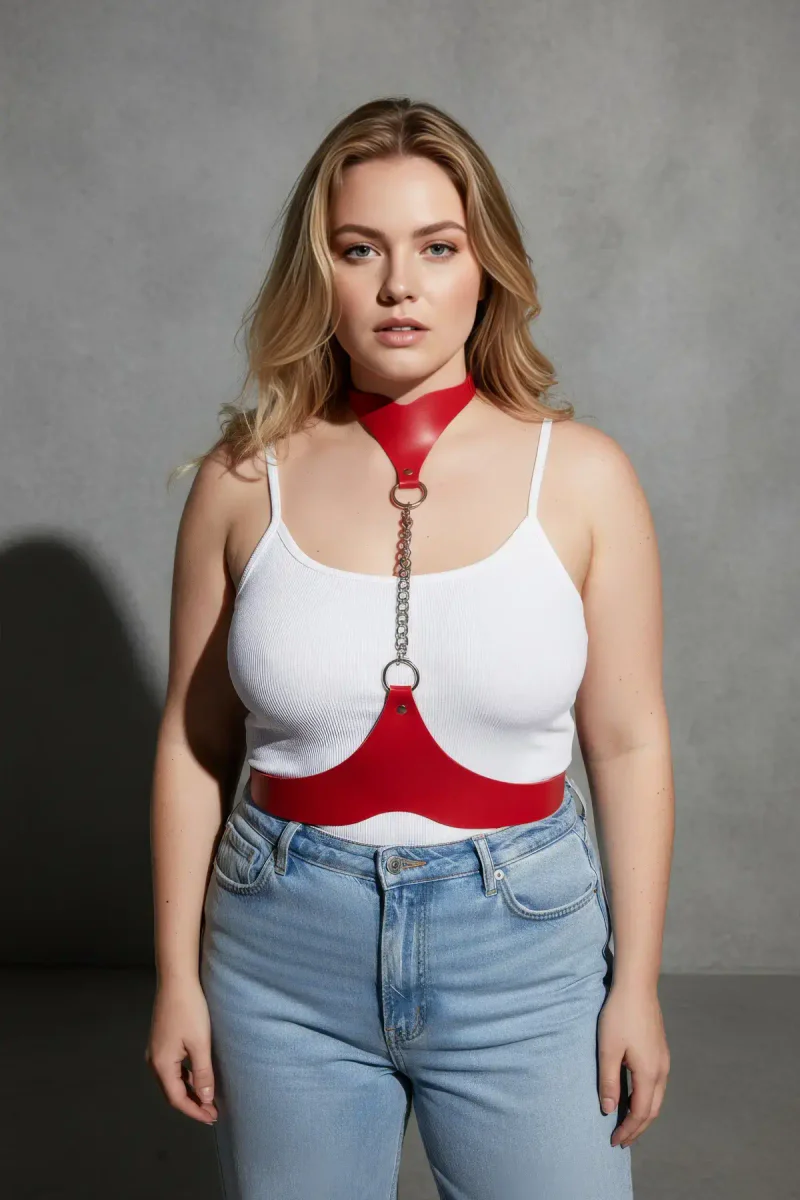 Red vegan leather choker chain waist