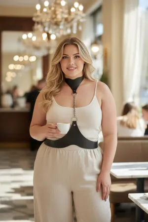 Black Faux Leather Collar-to-Waist Chain Harness worn by a plus size woman, styled over a white camisole