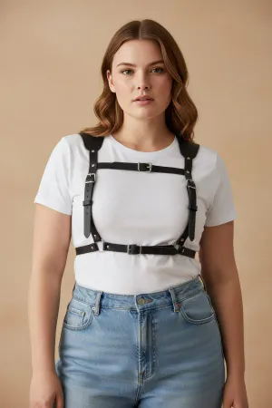 Black Faux Leather Caged Chest Harness Women Adjustable Straps