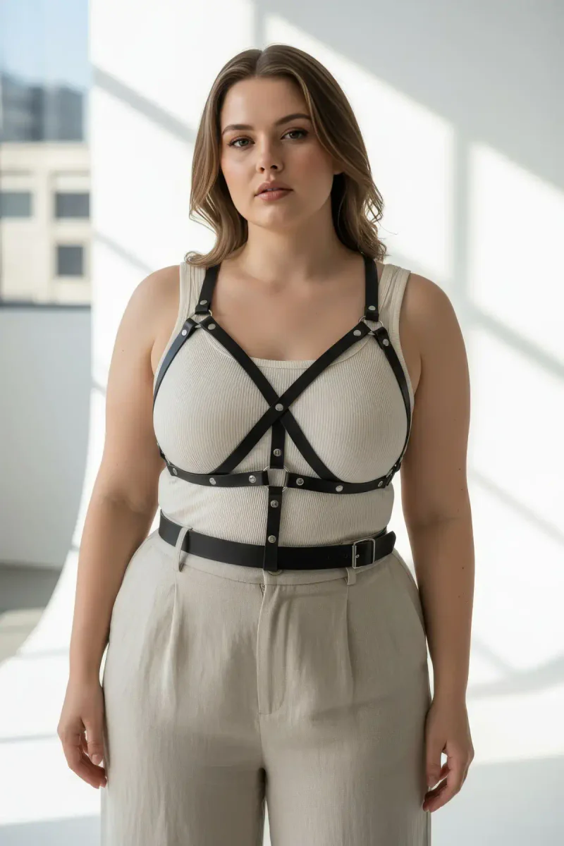 Vegan Leather Chest Harness Outfit idea with