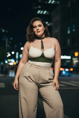 Olive Vegan Leather Chest Harness and Wide Waist Belt Front View